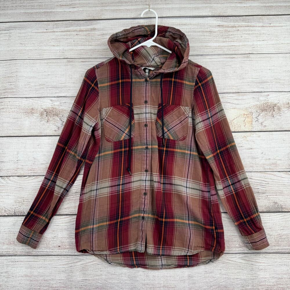 BKE Buckle Plaid Button Down Hoodie Shirt Womens XS‎ Pink Red Black